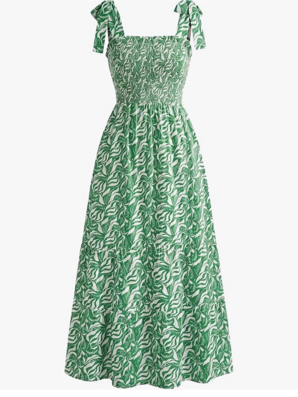 Smocked Green Leaf-Print Tie-Shoulder Maxi Dress